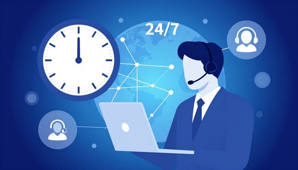 24 7 Support-Konzept mit Uhr und globaler Erreichbarkeit für IPTV German