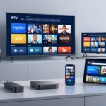 Various devices compatible with IPTV services including smart TV and streaming boxes